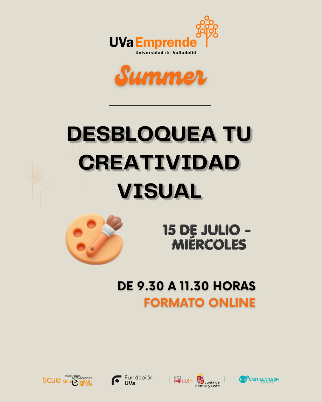 Cartel del taller online de visual thinking «Desbloquea tu creatividad visual» — UVaEmprende Summer 2026, Universidad de Valladolid