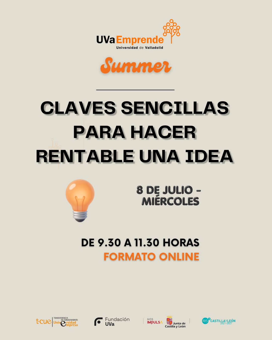 Cartel del taller online de finanzas para emprendedores «Claves sencillas para hacer rentable una idea» — UVaEmprende Summer 2026, Universidad de Valladolid