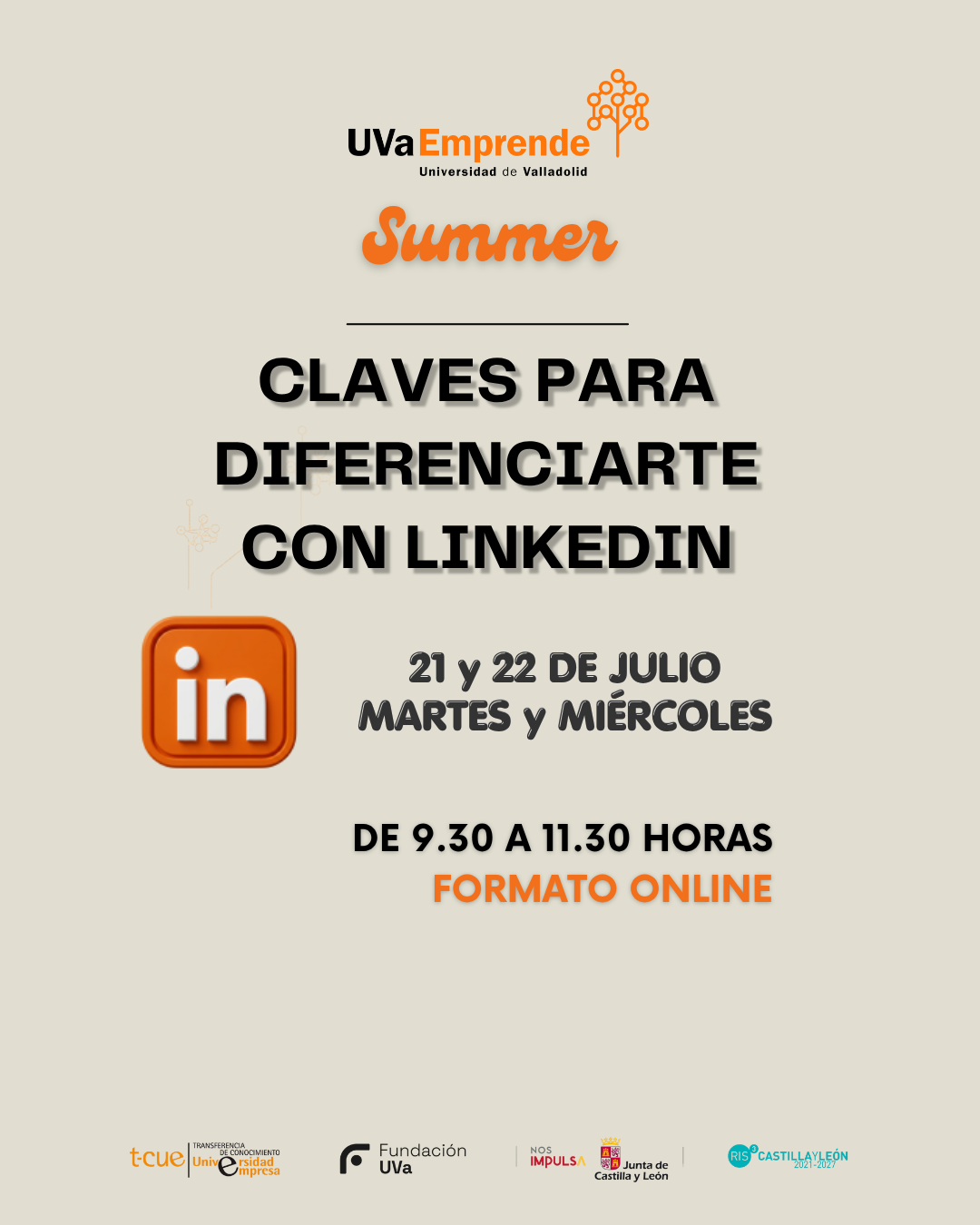 Cartel del taller online de optimización del perfil de LinkedIn «Claves para diferenciarte con LinkedIn» — UVaEmprende Summer 2026, Universidad de Valladolid