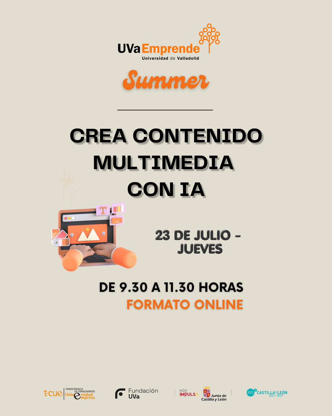 Cartel del taller online de creación de contenido y automatización con IA «Crea contenido multimedia con IA» — UVaEmprende Summer 2026, Universidad de Valladolid