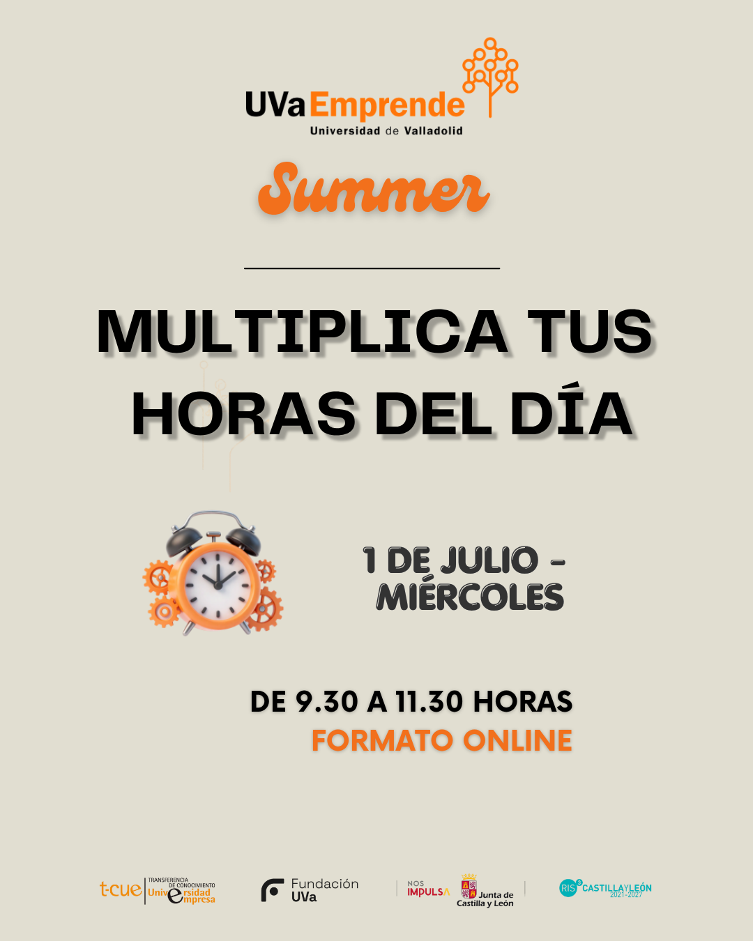 Cartel del taller online de gestión del tiempo y productividad «Multiplica tus horas del día» — UVaEmprende Summer 2026, Universidad de Valladolid