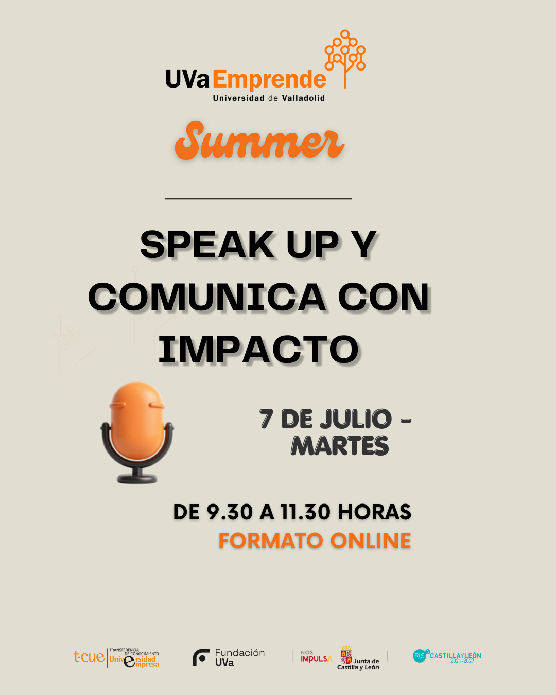 Cartel del taller online de comunicación y hablar en público «Speak up y comunica con impacto» — UVaEmprende Summer 2026, Universidad de Valladolid