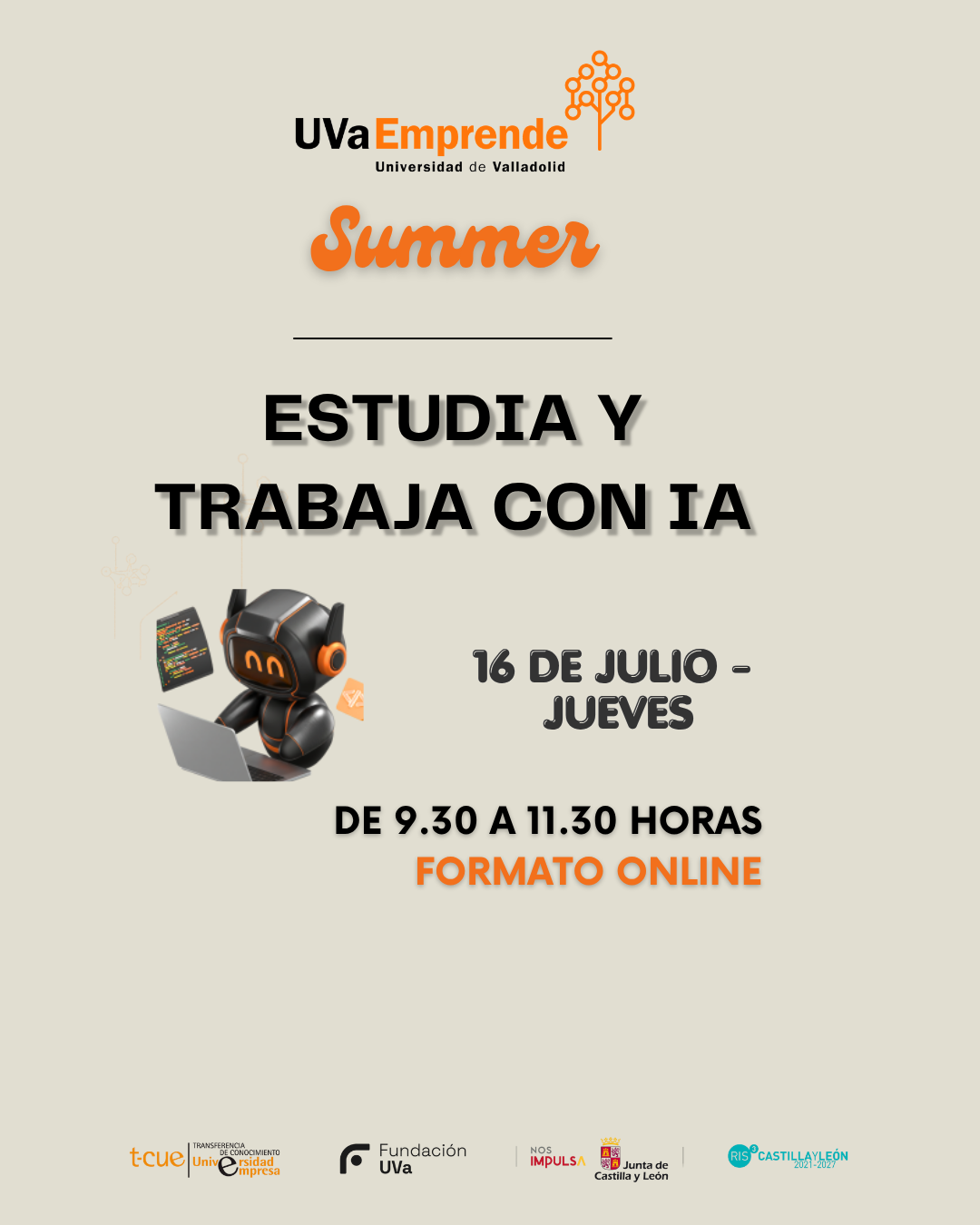 Cartel del taller online de inteligencia artificial «Estudia y trabaja con IA» — UVaEmprende Summer 2026, Universidad de Valladolid