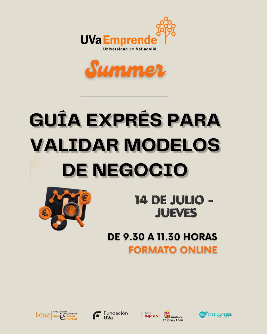 Cartel del taller online de validación de modelos de negocio «Guía exprés para validar modelos de negocio» — UVaEmprende Summer 2026, Universidad de Valladolid
