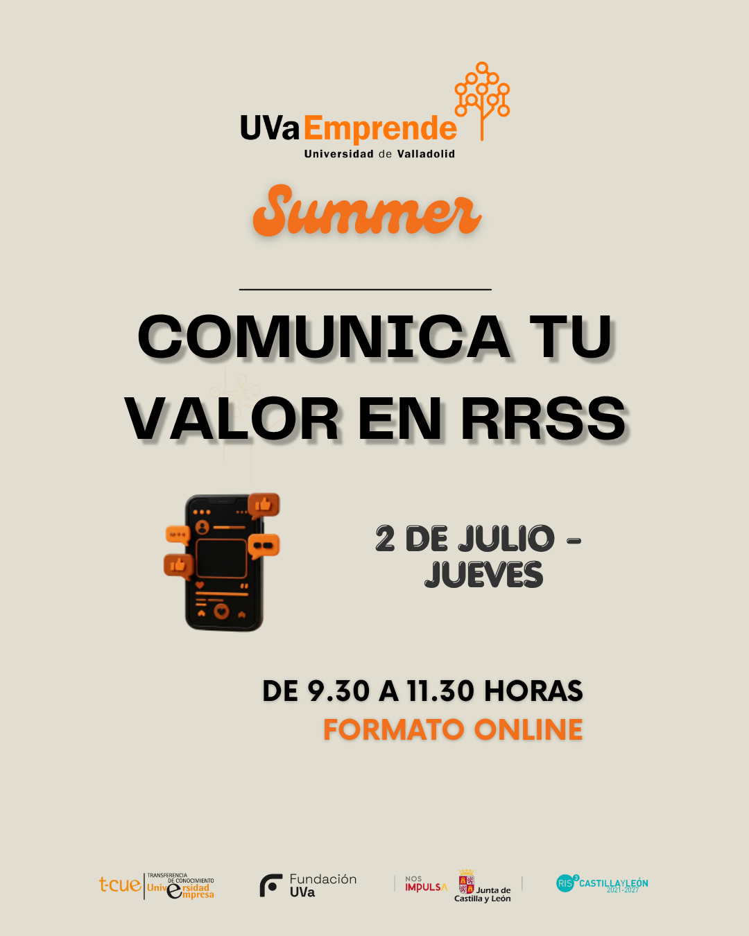 Cartel del taller online de marca personal en redes sociales «Comunica tu valor en RRSS» — UVaEmprende Summer 2026, Universidad de Valladolid